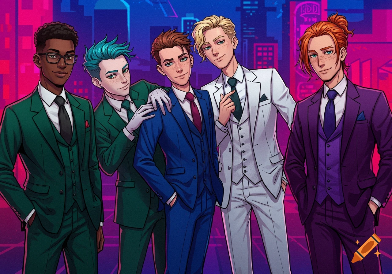 Five anime-style young men in green, blue, white, and purple suits pose in a stylized cyberpunk cityscape.
