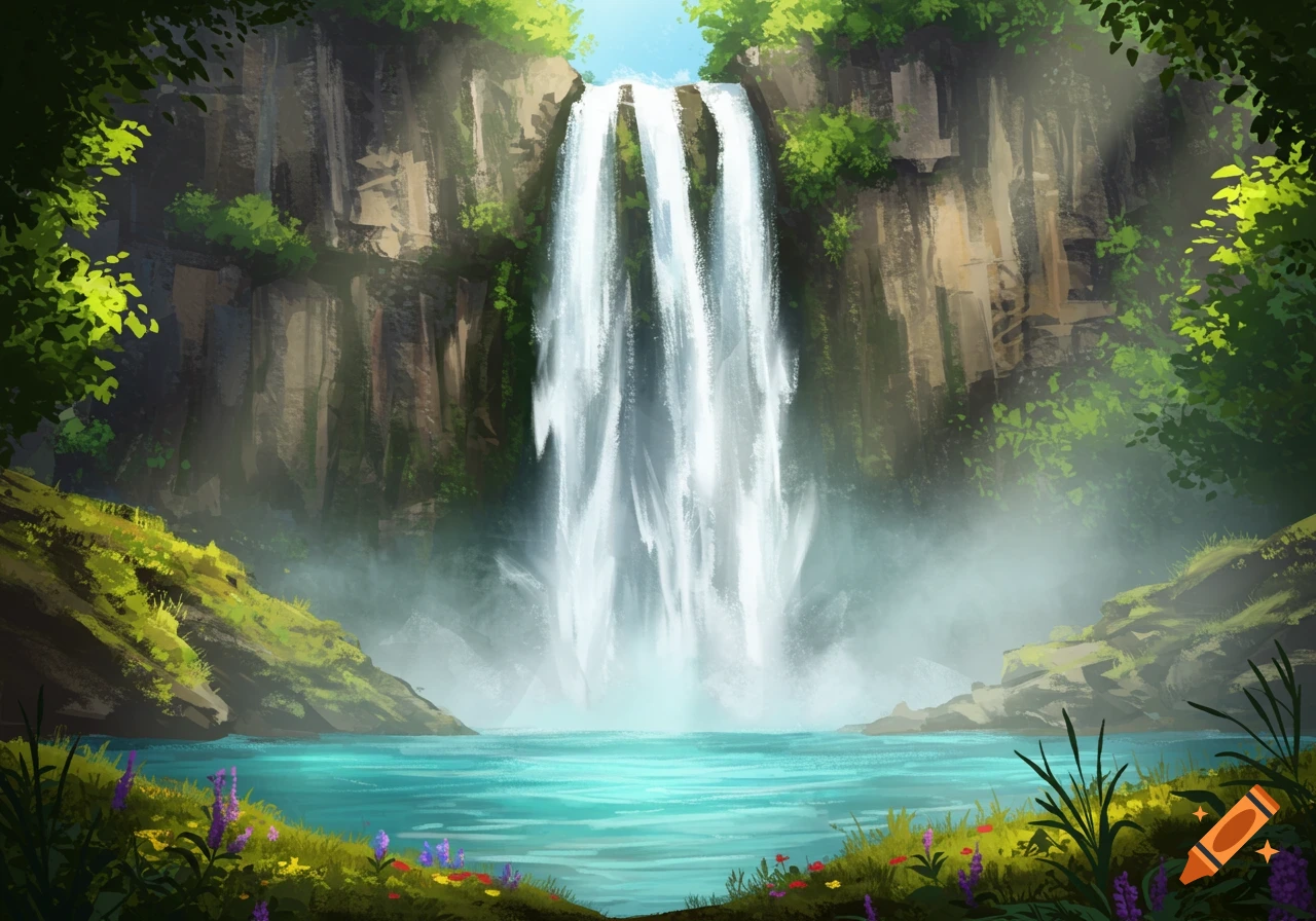 Stylized illustration of a waterfall cascading into a bright blue pool surrounded by rocky cliffs, mist, and green foliage.