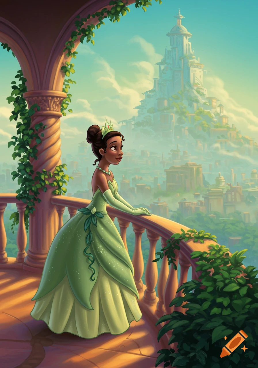 Illustration of Princess Tiana on a balcony overlooking a fantasy city