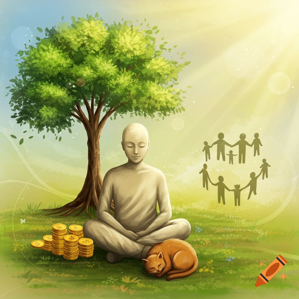 Illustration of a serene figure meditating under a tree with a cat, coins, and family figures.