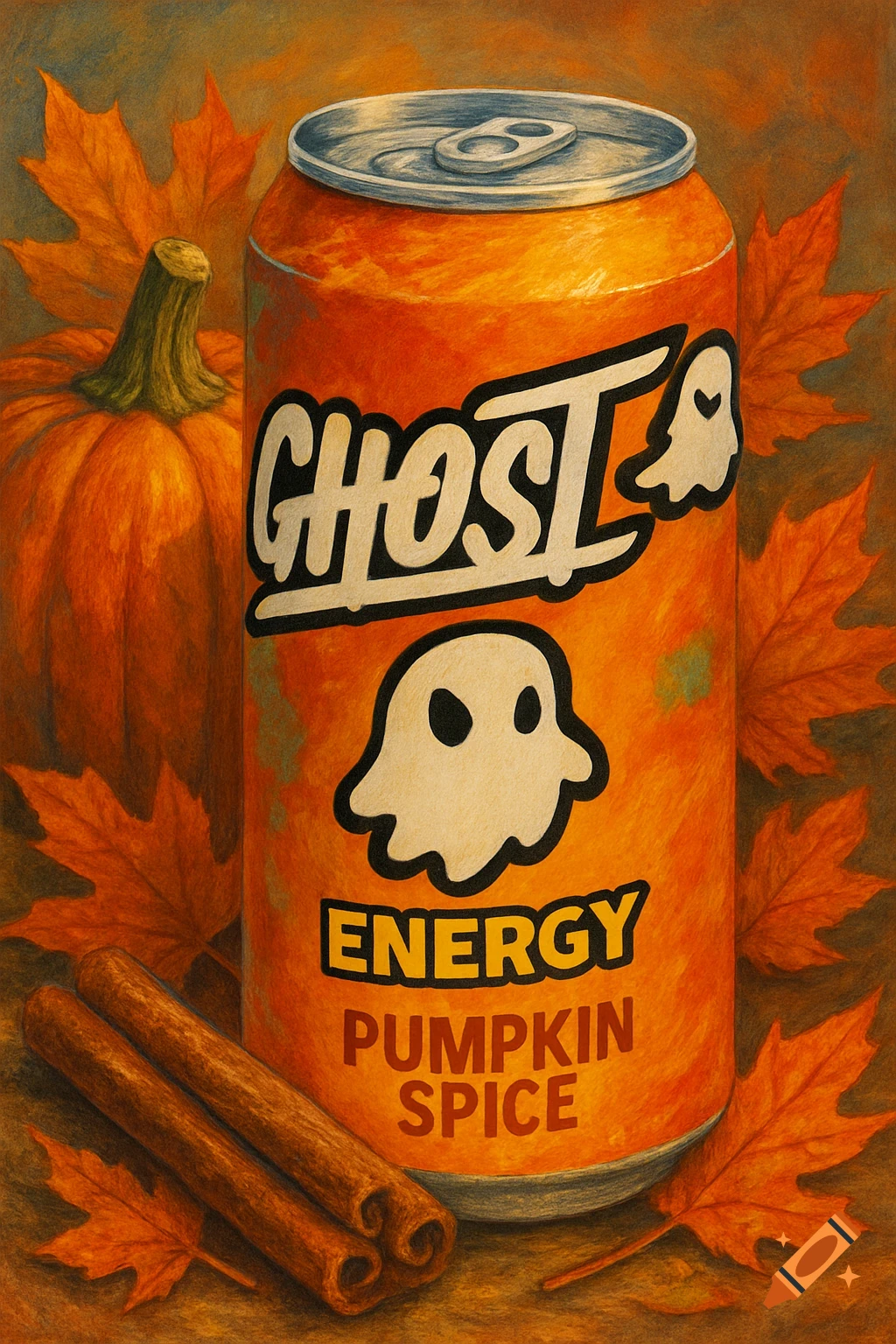 Painted image of an orange can labeled "GHOST ENERGY PUMPKIN SPICE" with a ghost logo, next to a pumpkin, fall leaves, and cinnamon sticks.