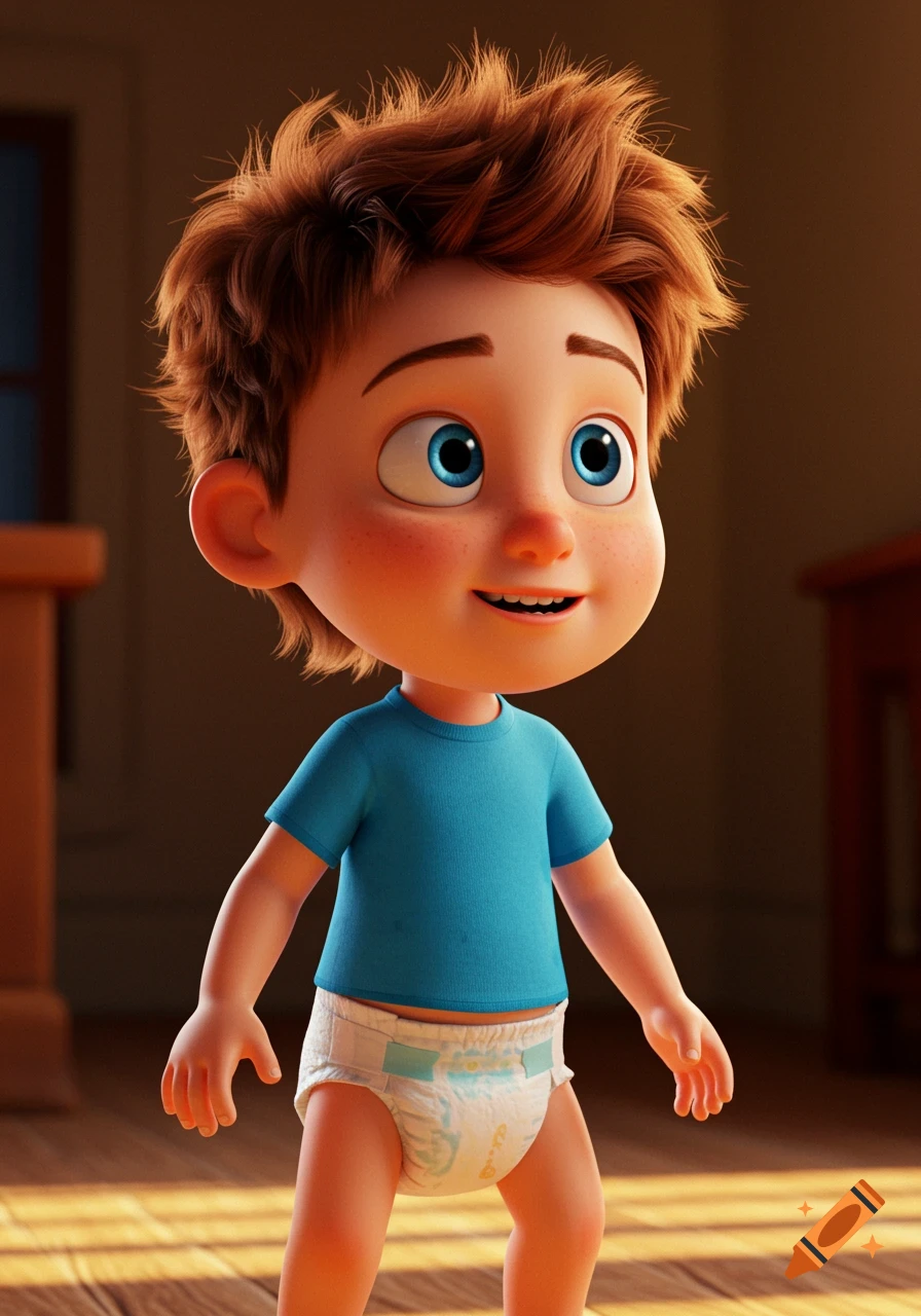 A 3D cartoon boy in a blue t-shirt and diaper smiles.