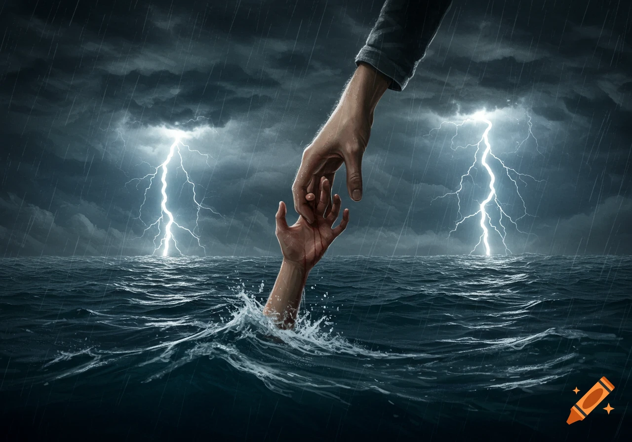 A hand reaches down to grasp a drowning hand in stormy seas with lightning.