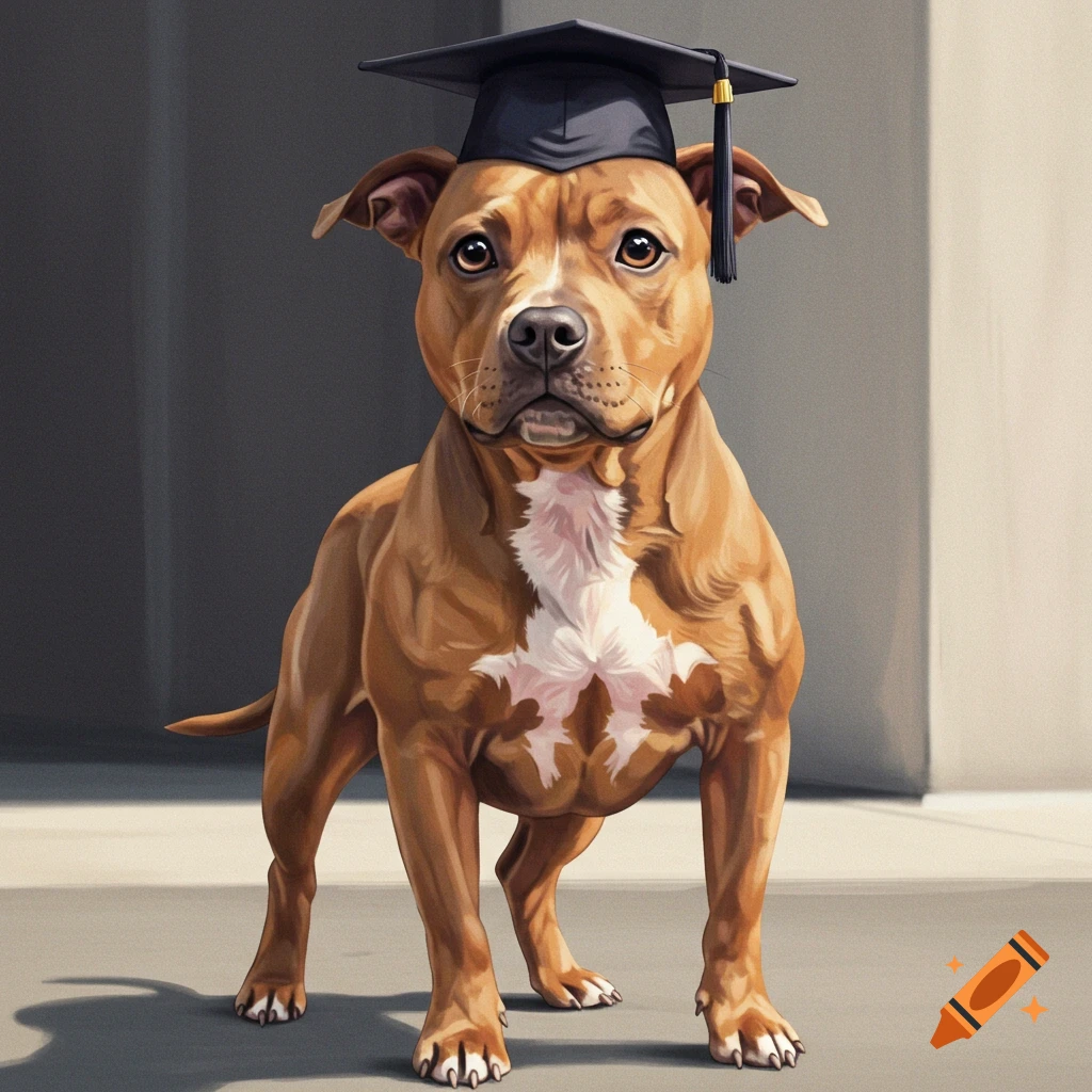 A pitbull dog wears a black graduation cap and tassel.