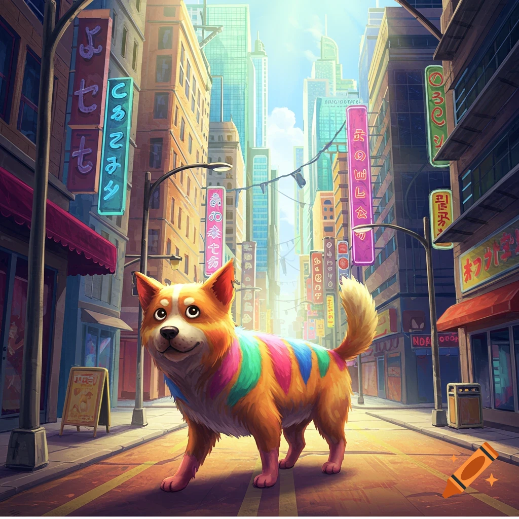 A cartoonish dog with colorful stripes stands on a bright city street lined with buildings.