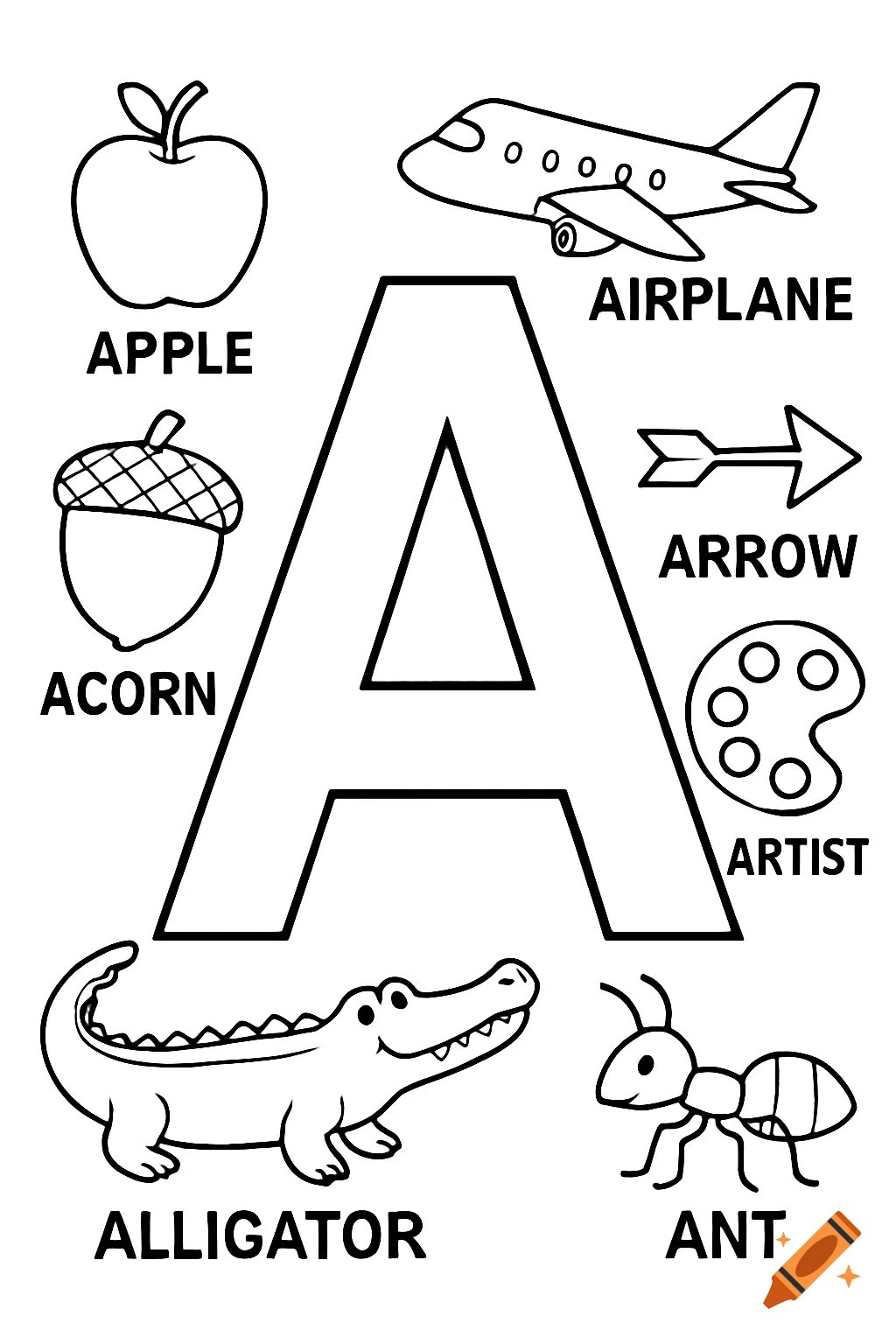 Black and white coloring page featuring the letter A and illustrations of objects starting with A, with labels.