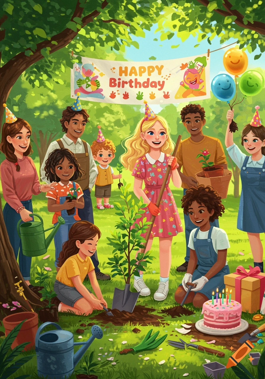 Illustration of a group planting a tree at a birthday party with banner and cake.