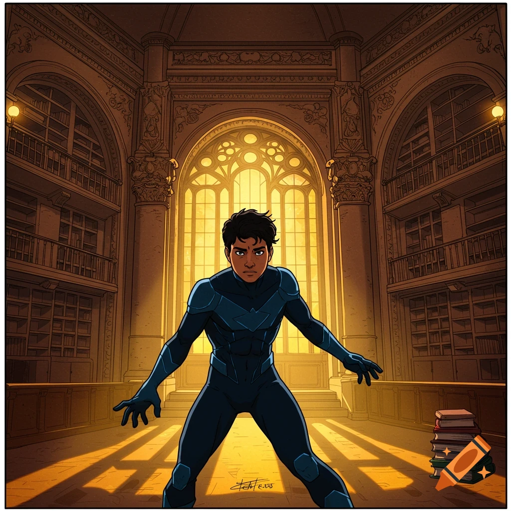A superhero in a dark blue and black suit stands in a sunlit library.