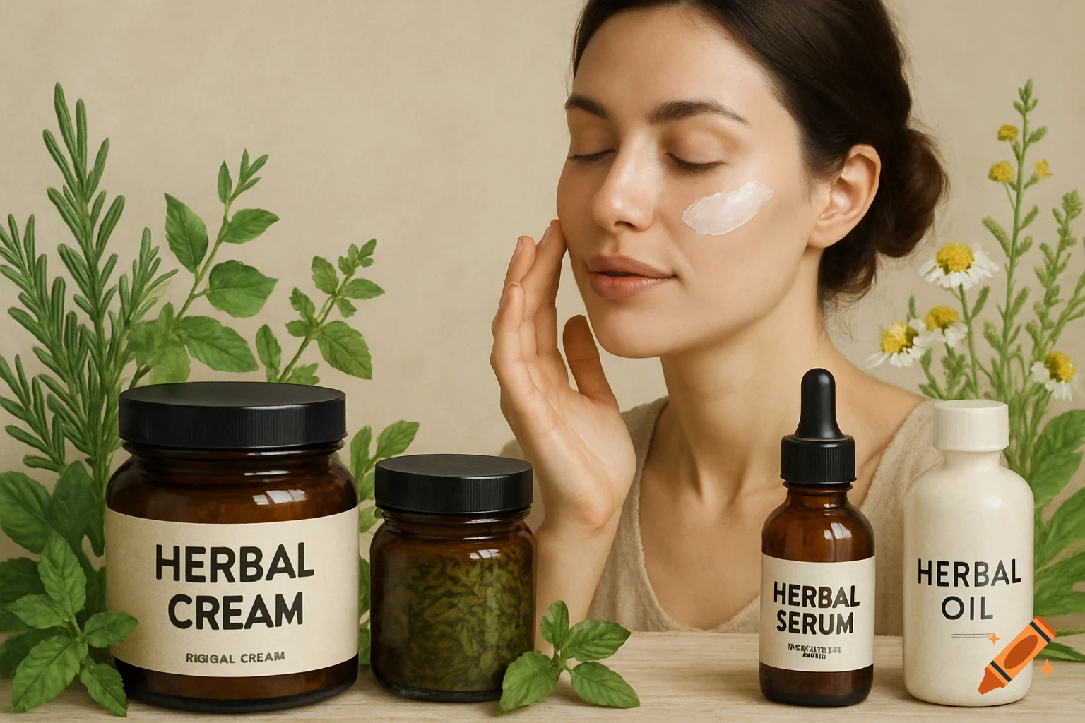 Woman applying cream to her face with jars of herbal cream, serum, and oil on a table. Photorealistic style.