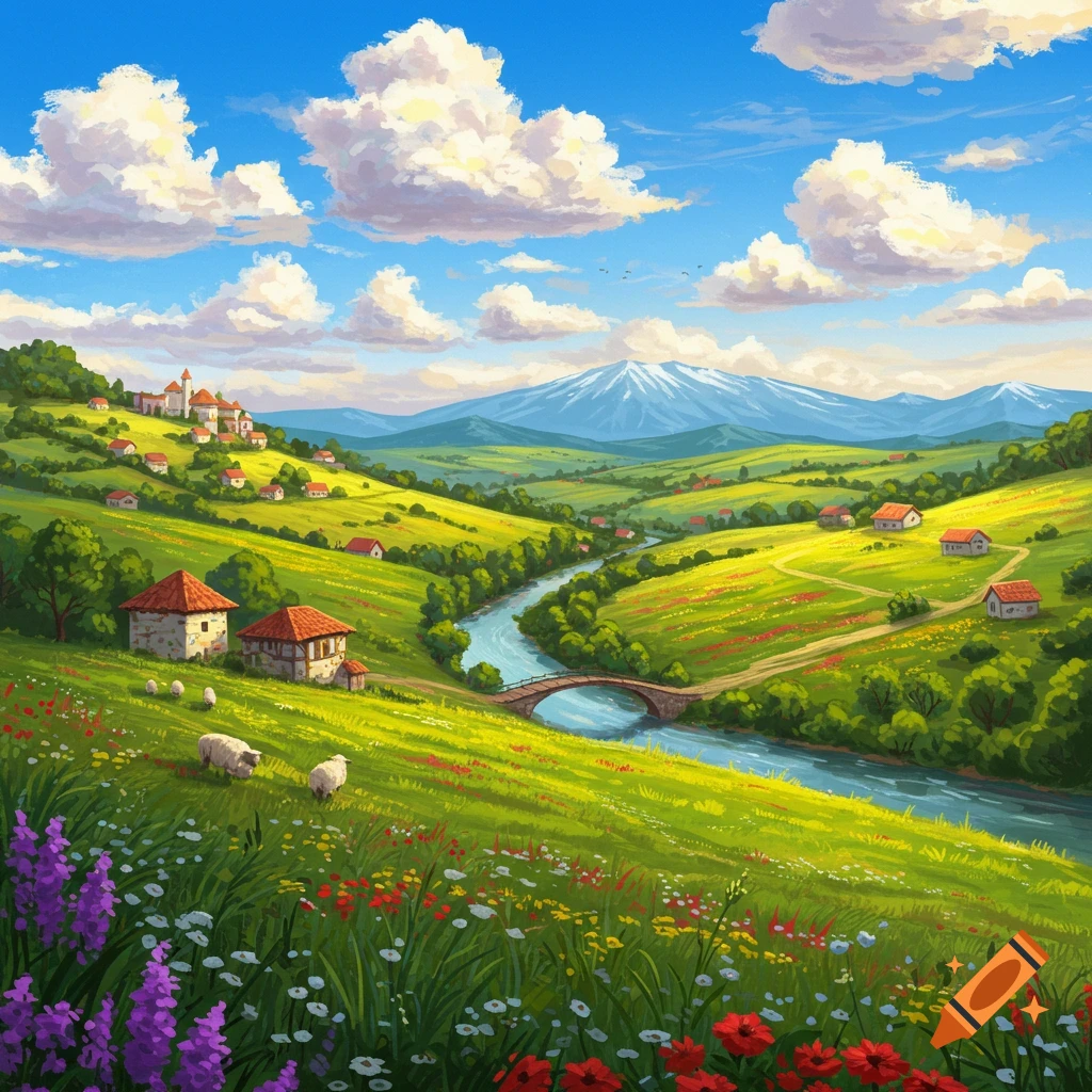 Painting of a green valley with a river, bridge, village, sheep, and mountains.