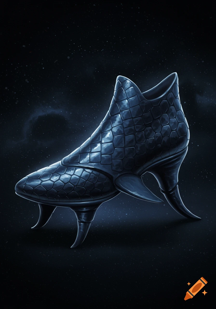 Dark futuristic shoe with scale texture and three legs on a starry background.