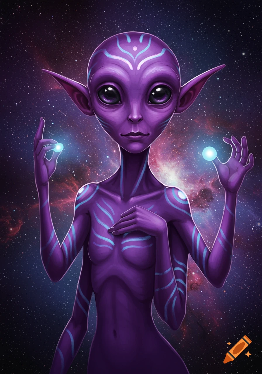 Purple alien with multiple arms holds glowing orbs in space