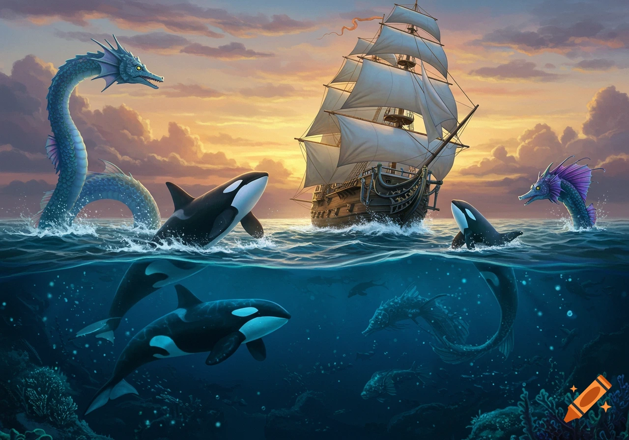 A sailing ship is surrounded by orcas and blue sea monsters on the ocean under a sunset sky. Underwater view shows more orcas.