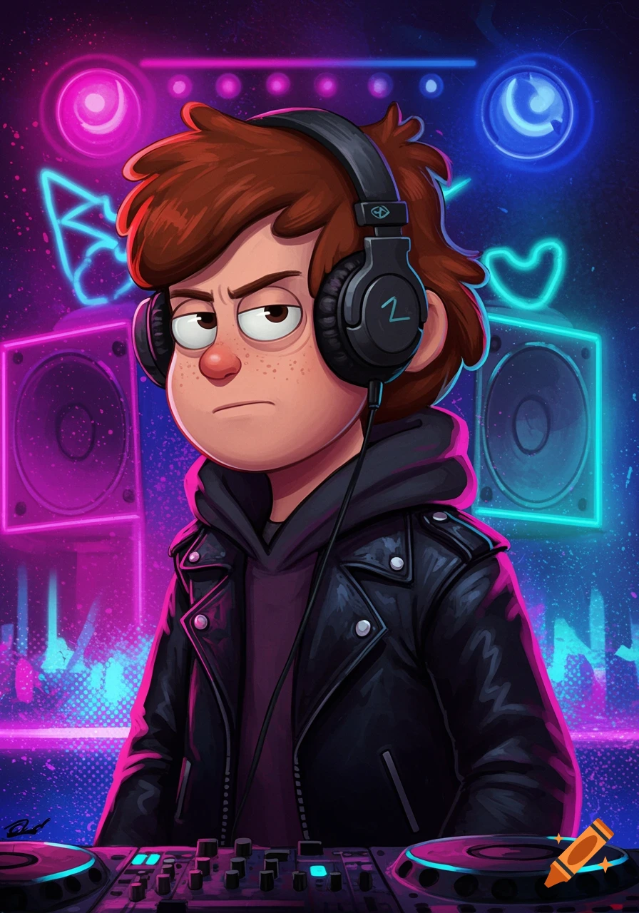 Cartoon character Dipper Pines as a DJ in a neon-lit club setting.