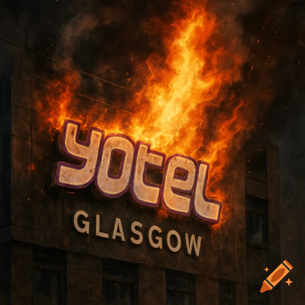 YOTEL Glasgow hotel sign on fire