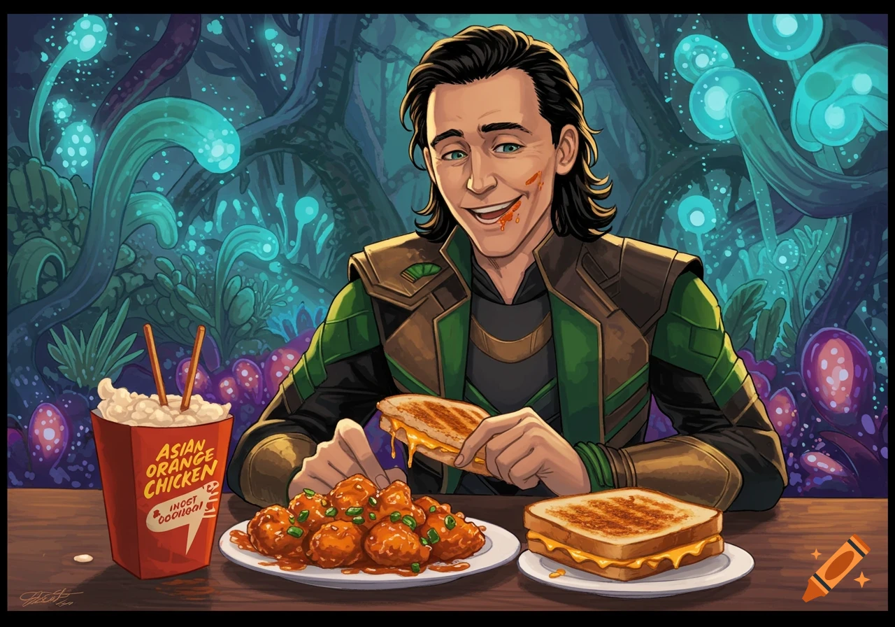 Stylized illustration of Loki eating orange chicken and grilled cheese, with glowing plants in the background.