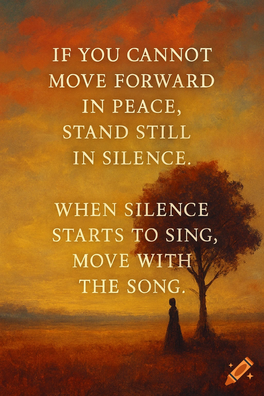 Inspirational quote over a golden sunset landscape with a lone figure under a tree.