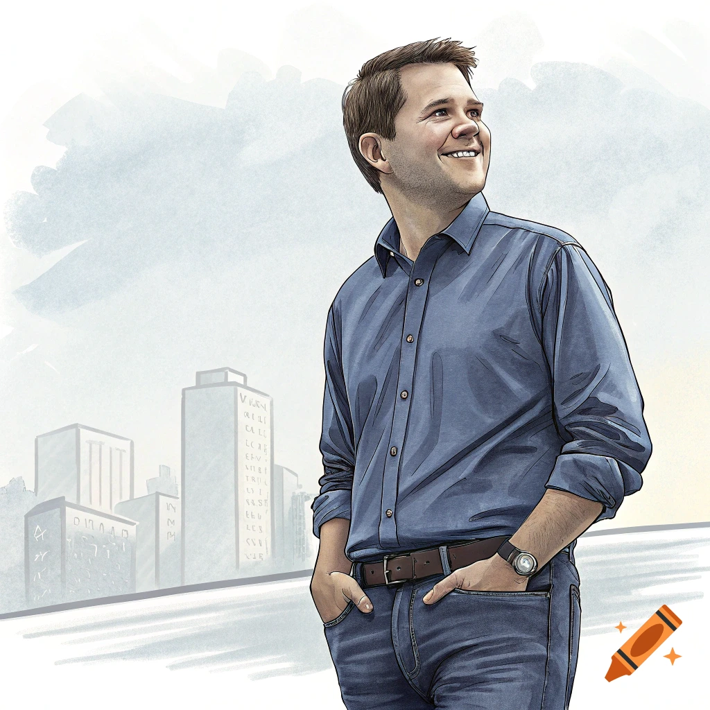 An illustrated portrait of a smiling man in a blue shirt and jeans standing in front of a city skyline.