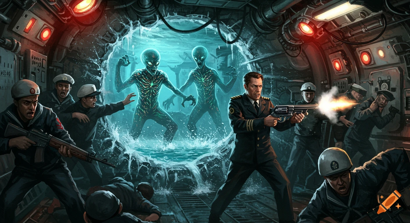 Humans fight aliens emerging from a watery portal inside a submarine in a digital illustration.