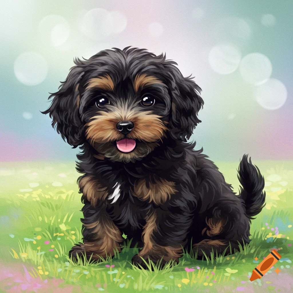 A cute black and tan puppy sits in a grassy field with a soft background.