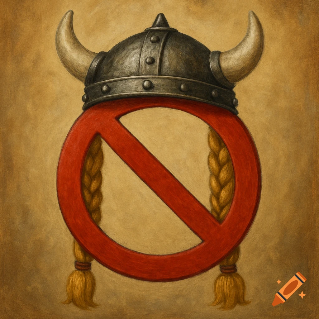 A red 'No' symbol wearing a Viking helmet with blond braids, painted style