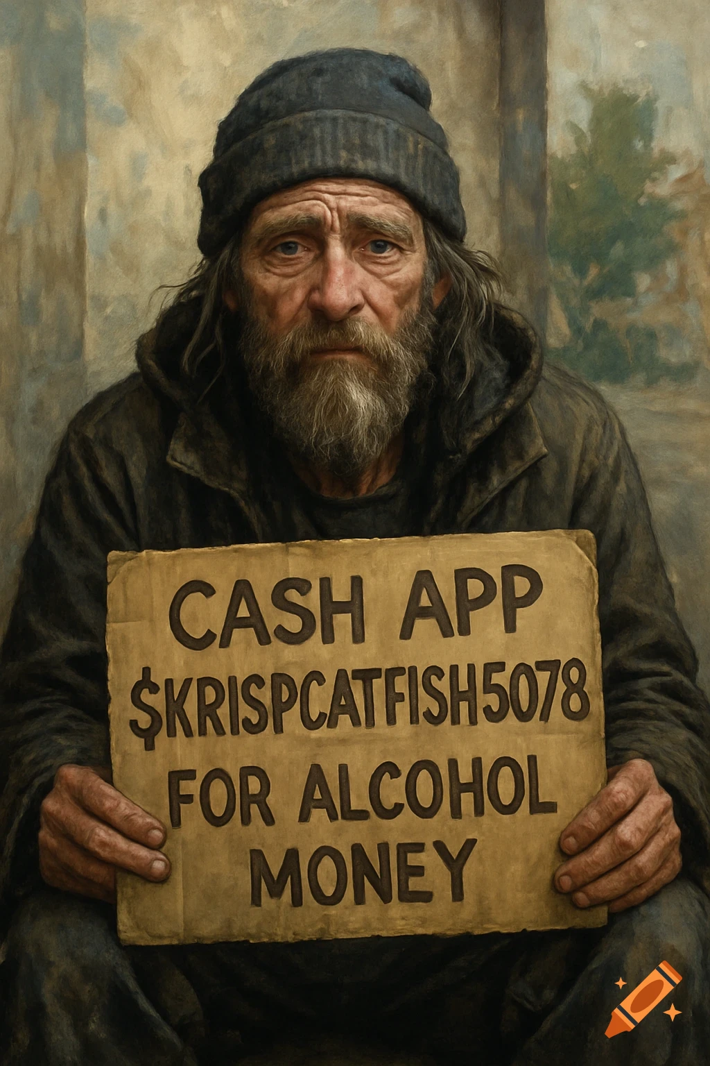 Realistic portrait of a homeless man holding a sign asking for money for alcohol.