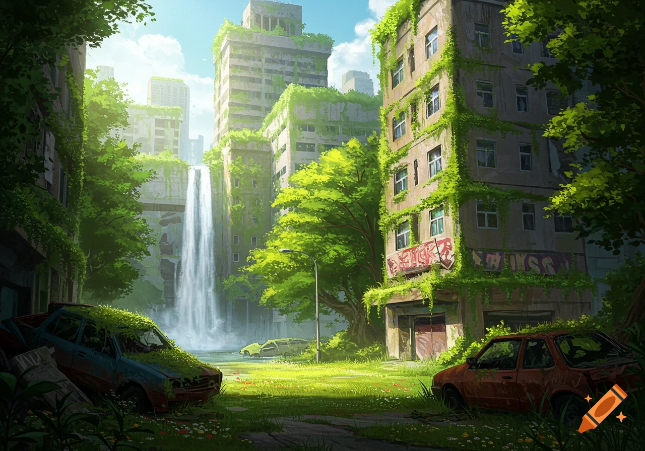 An abandoned city landscape with overgrown buildings, rusted cars, and a waterfall.