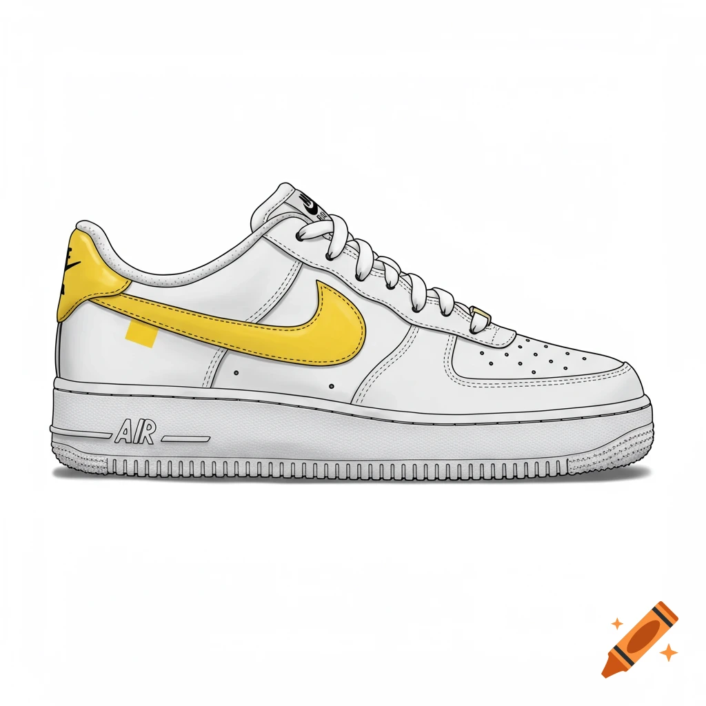 A drawing of a white Air Force 1 sneaker with a yellow swoosh and heel tab.