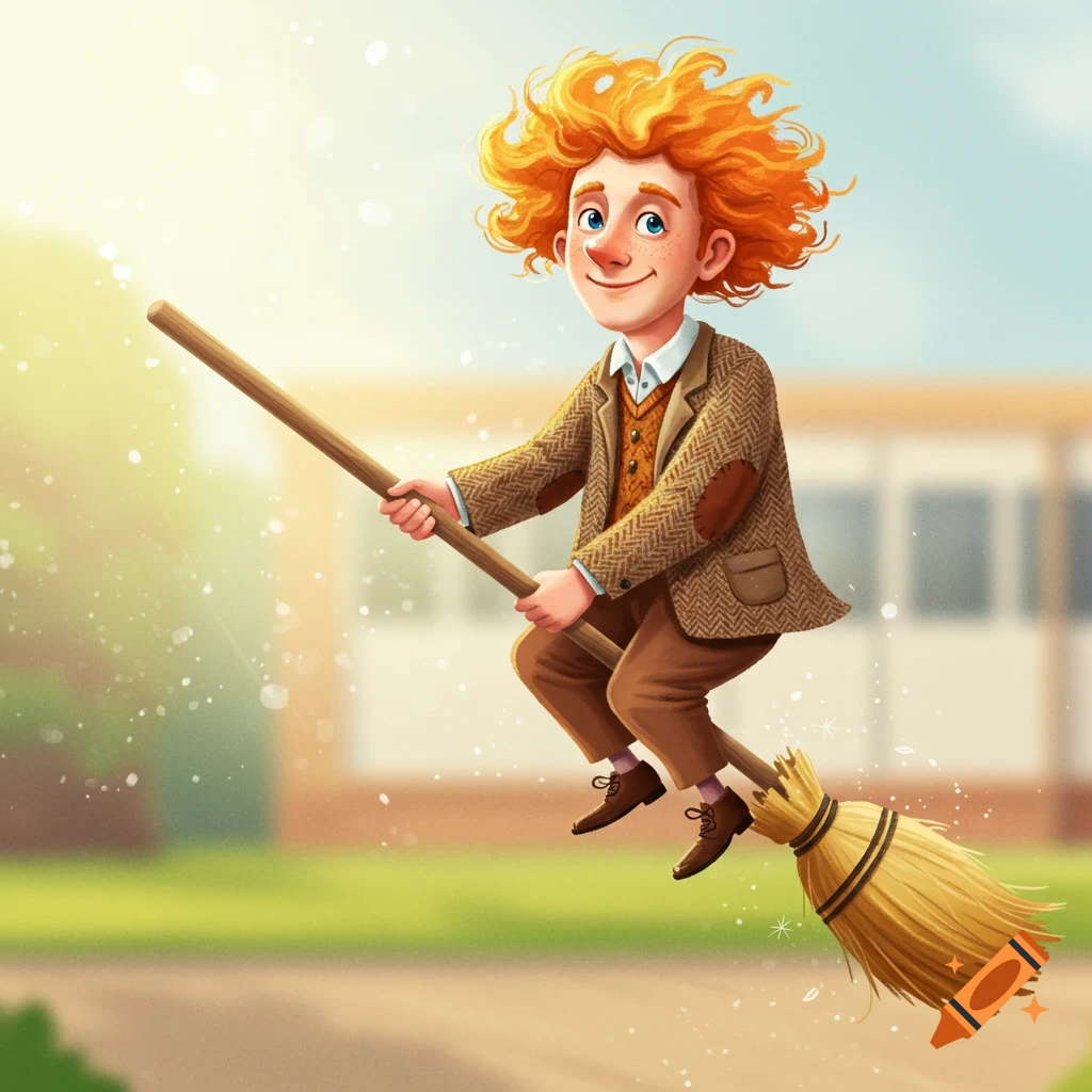 Cartoon illustration of a red-haired boy flying on a broomstick