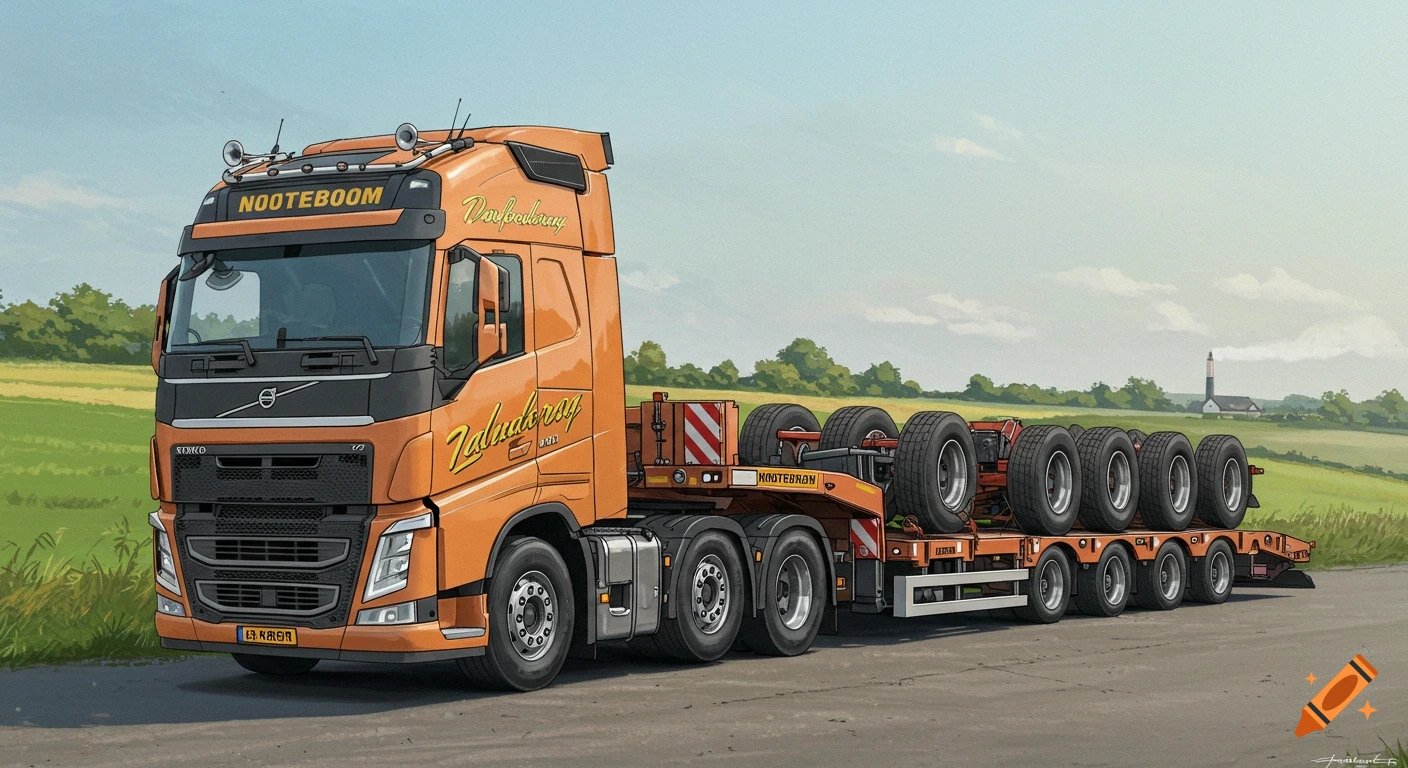 Orange Volvo FH16 truck pulling a multi-axle Nooteboom trailer on a road with fields, illustration style