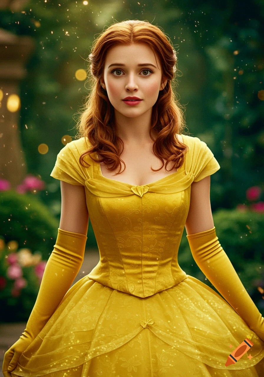 A woman resembling Belle from Beauty and the Beast in a yellow gown stands in a magical garden.