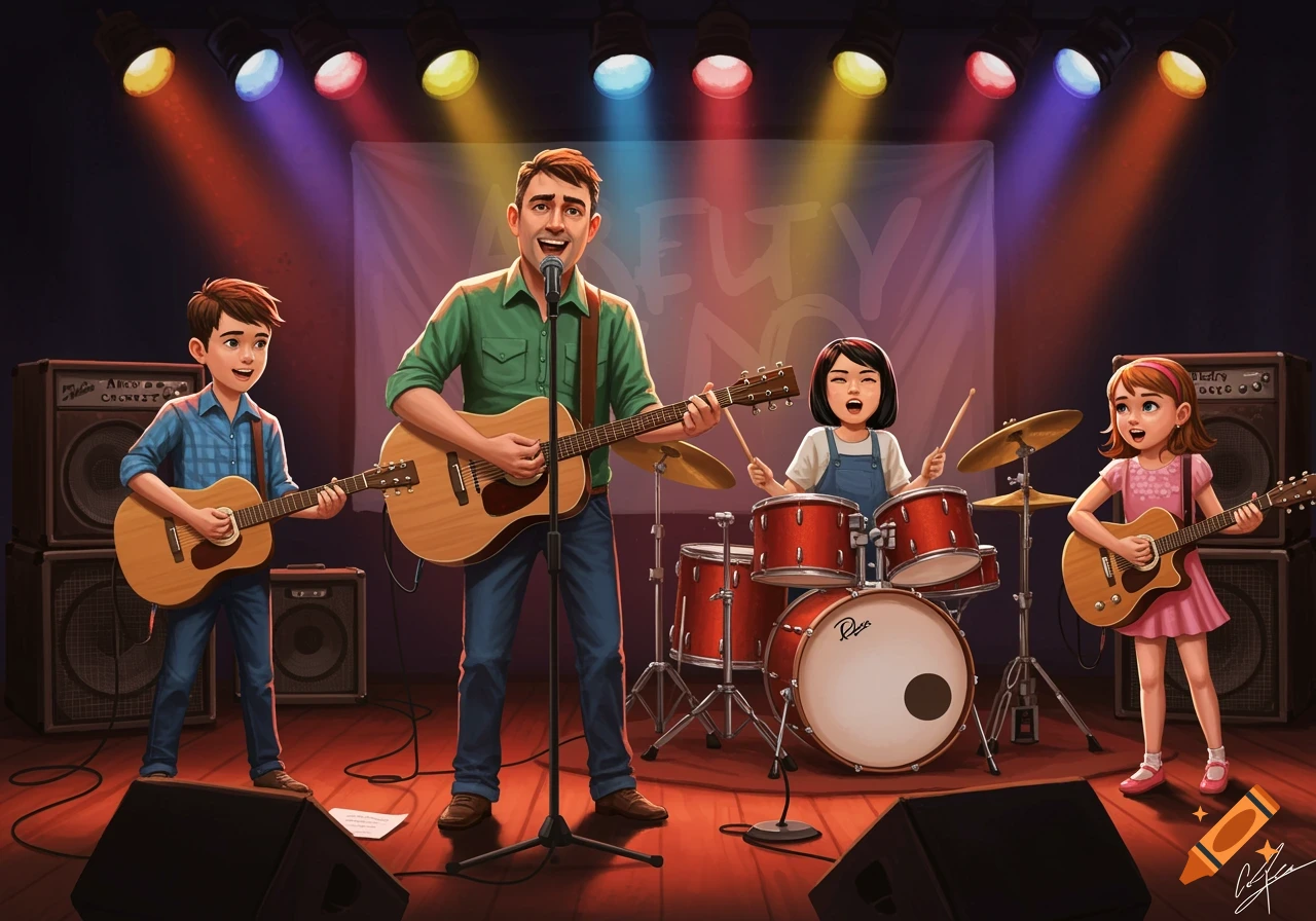 An illustrated family band performs on stage under spotlights, playing guitars and drums.