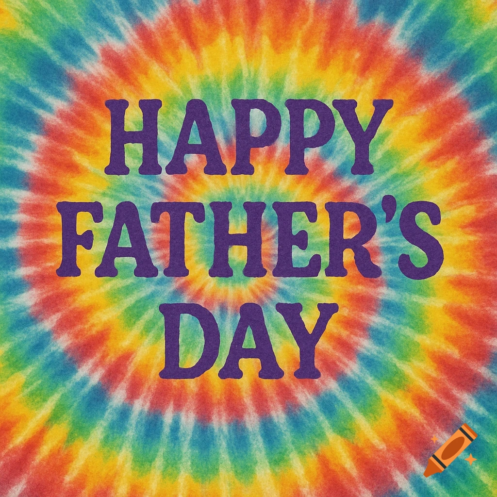 Purple text says Happy Father's Day on a colorful tie-dye background.