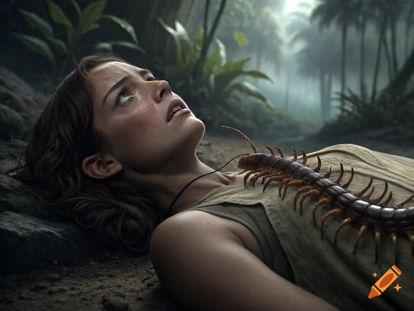 Woman lying down with a large centipede crawling on her chest in a jungle