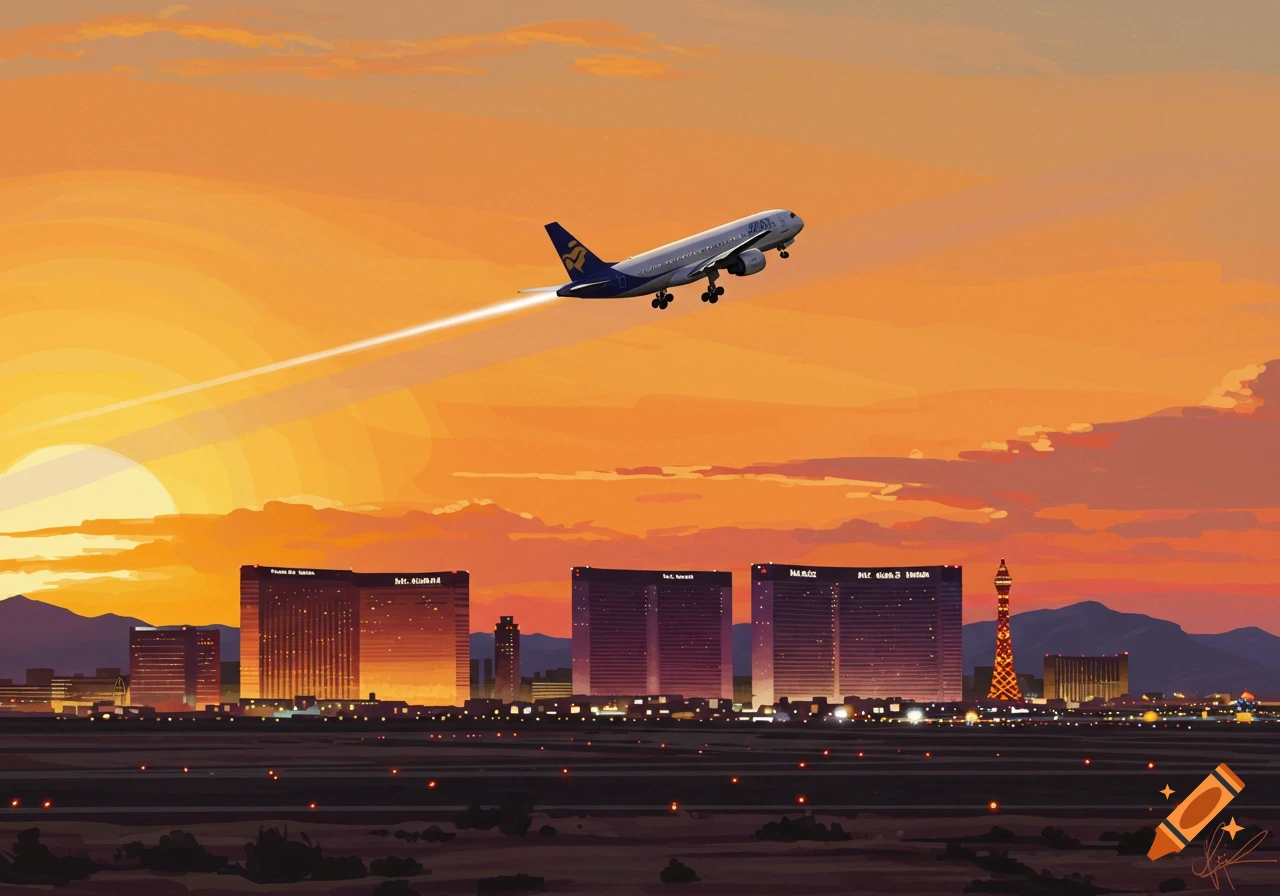 A stylized illustration of an airplane taking off over a city skyline ...