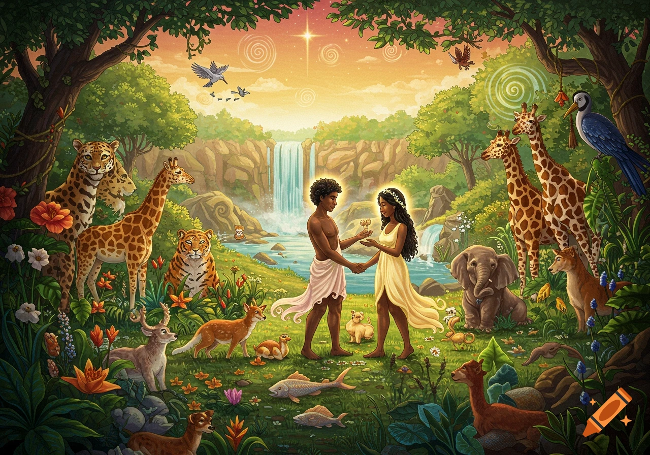 Adam and Eve stand in the Garden of Eden surrounded by diverse animals, waterfalls, and trees, in a whimsical style.