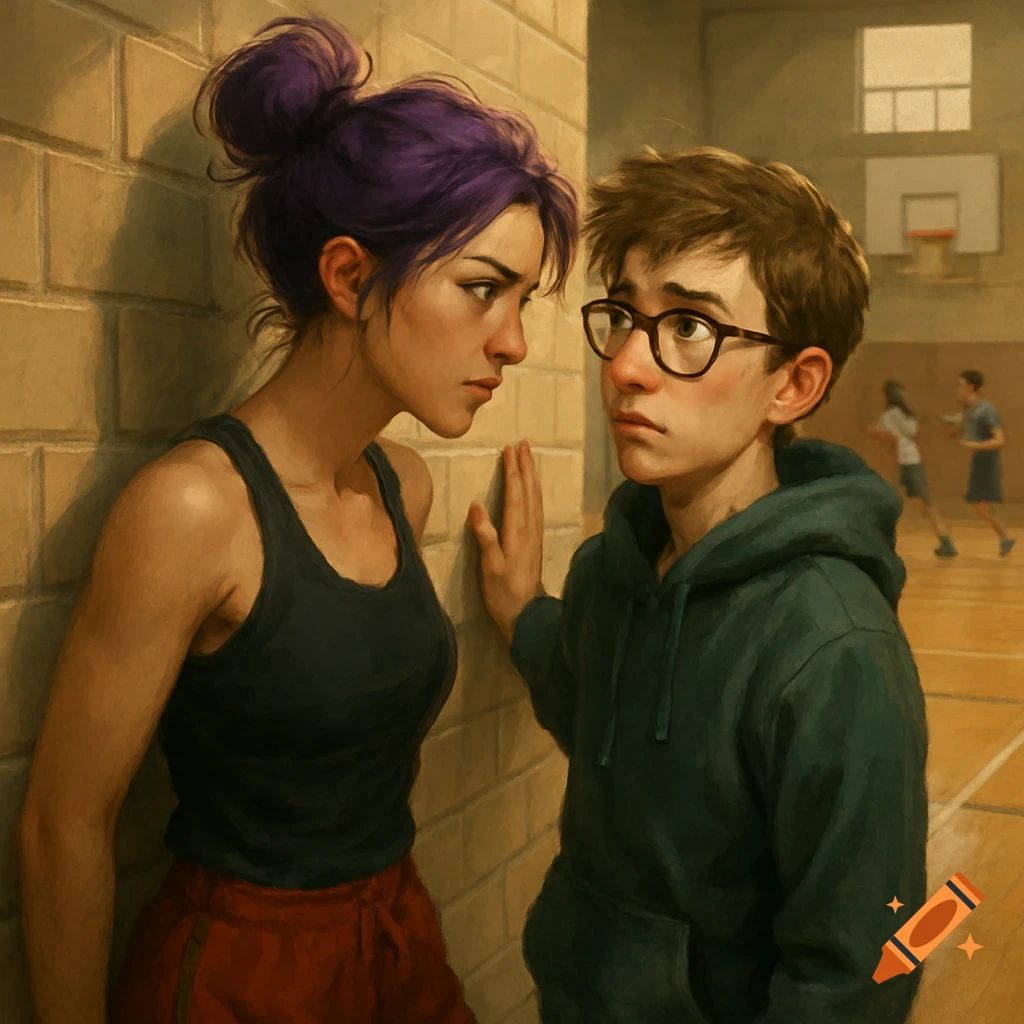 Digital painting of a teenage girl with purple hair and a teenage boy with glasses facing each other in a gym hallway.