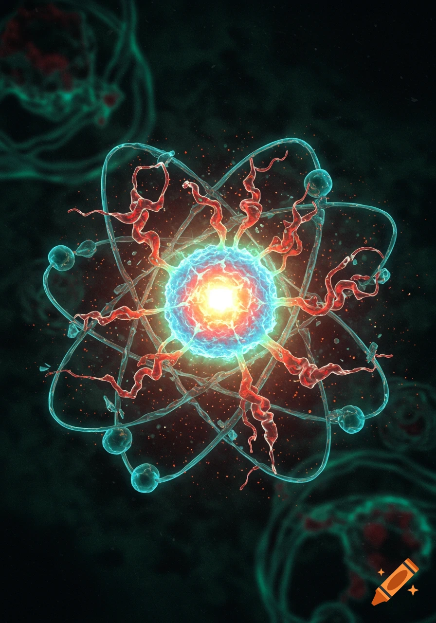 A stylized, glowing atom nucleus with orbiting electrons and red viral tendrils on a dark background.