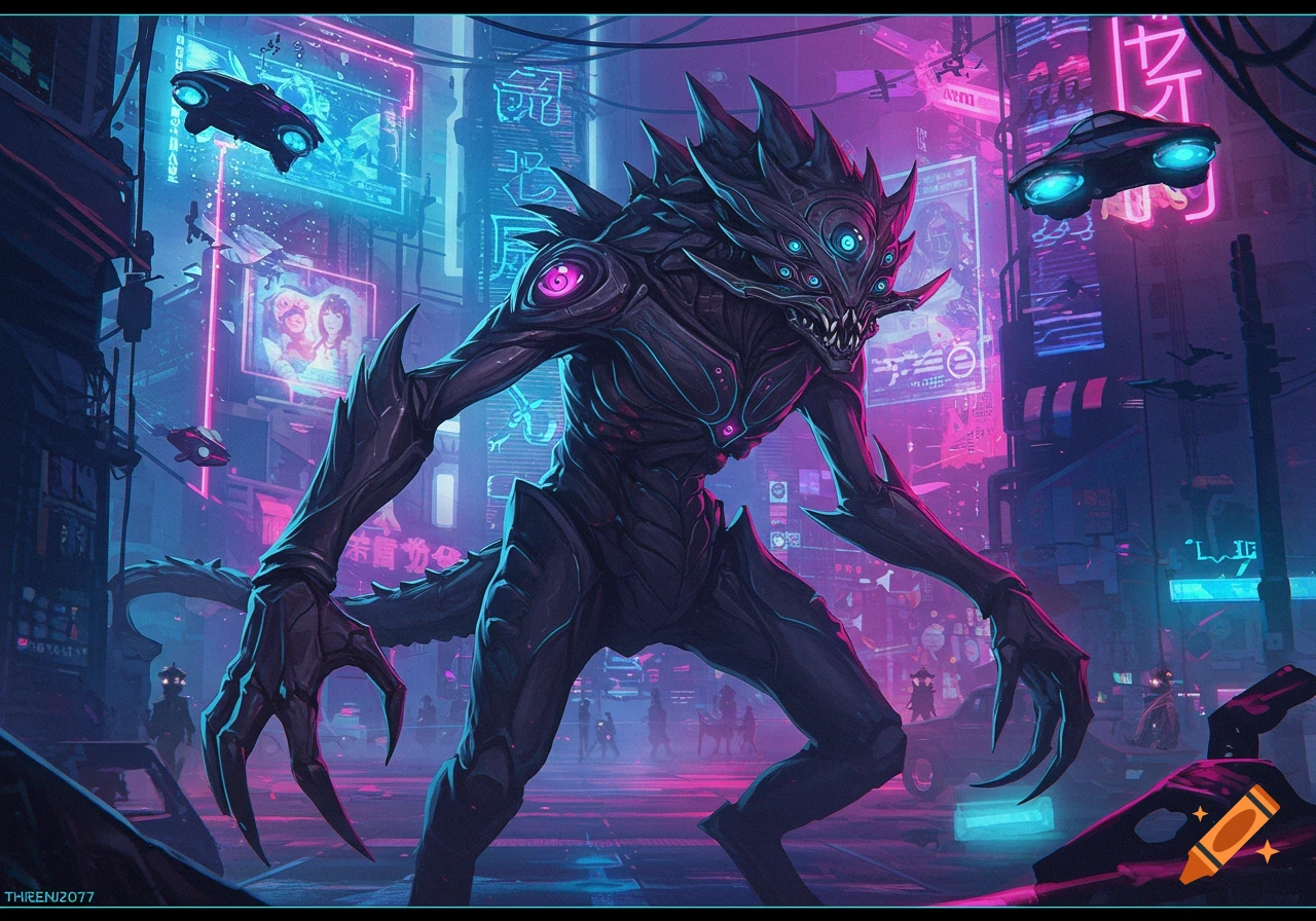 A large creature stands in a neon-lit cyberpunk city street with flying vehicles.