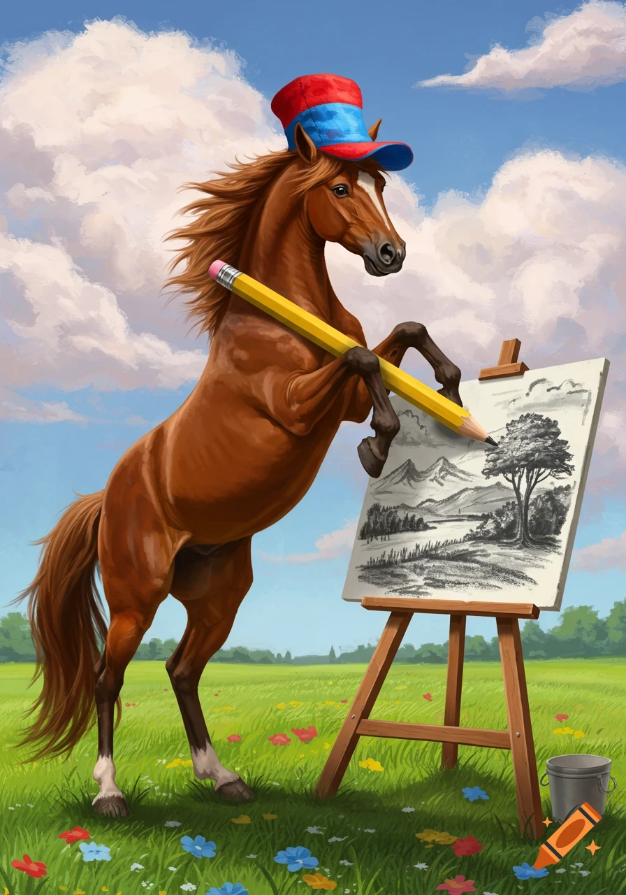 A horse wearing a red and blue hat stands on its hind legs, drawing a landscape on an easel with a giant pencil in a grassy field.