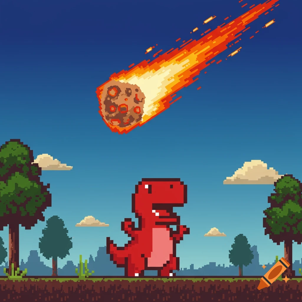 A red pixel art dinosaur looks up happily at a meteor streaking across the blue sky over a green landscape.