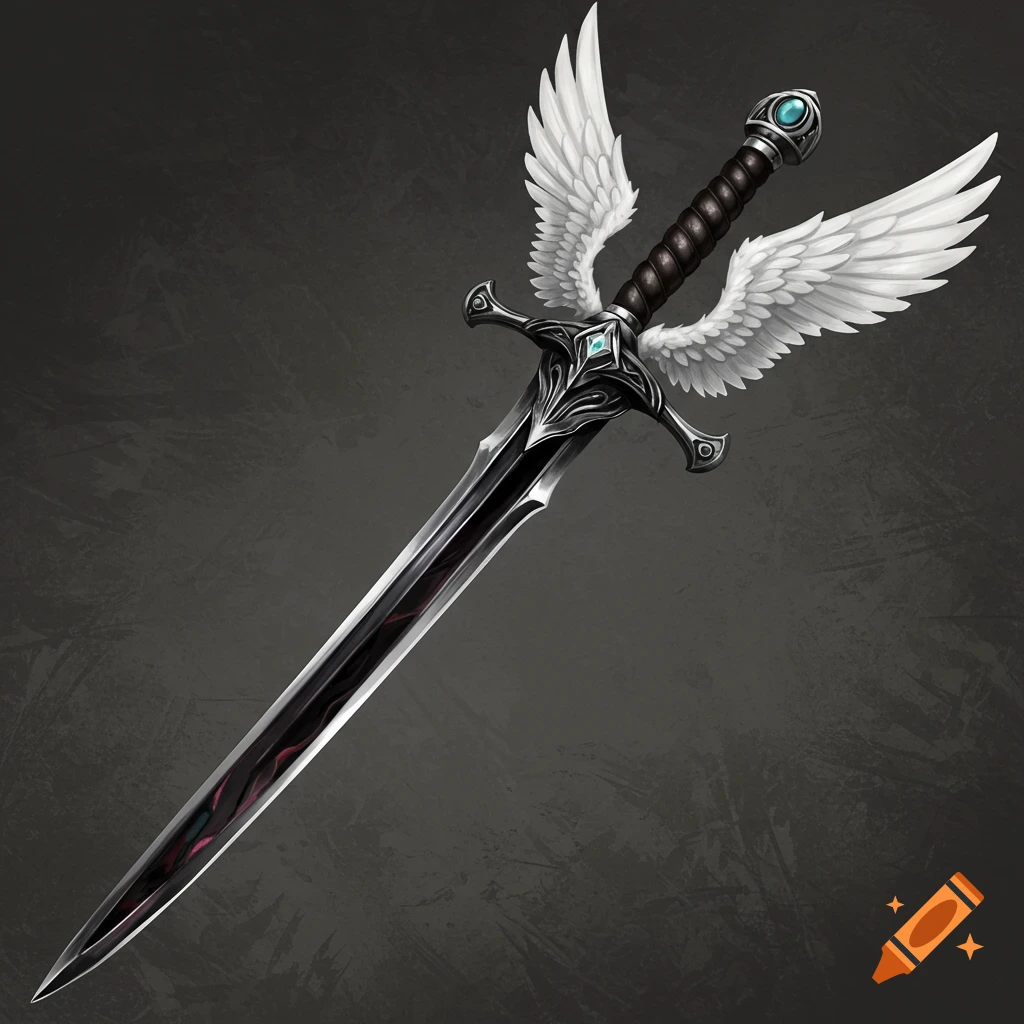 A dark fantasy sword with a hilt adorned with white angel wings, set against a grey background.