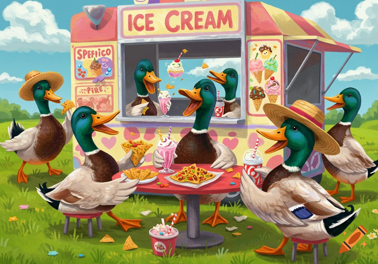 Cartoon mallard ducks eat ice cream, nachos, and milkshakes at an ice cream stand.