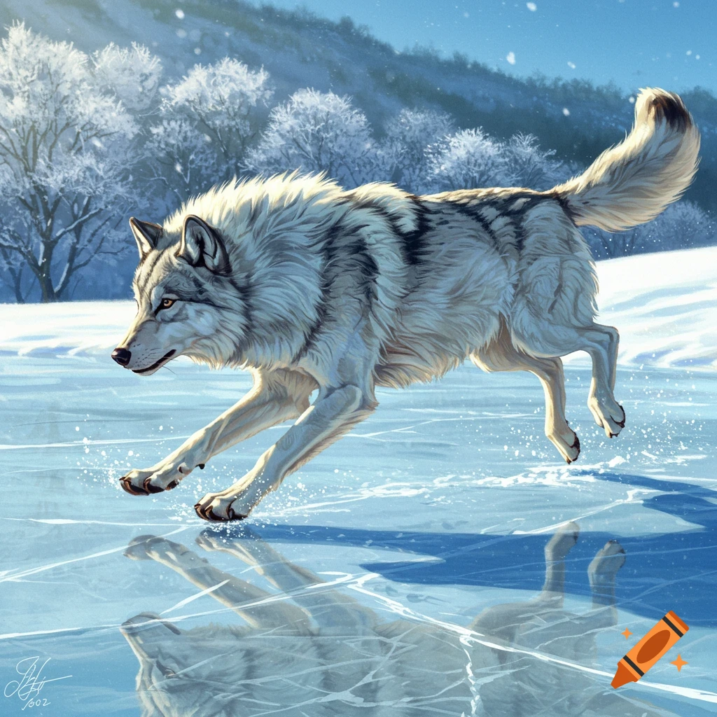 A wolf jumps over cracked ice in a snowy winter landscape.