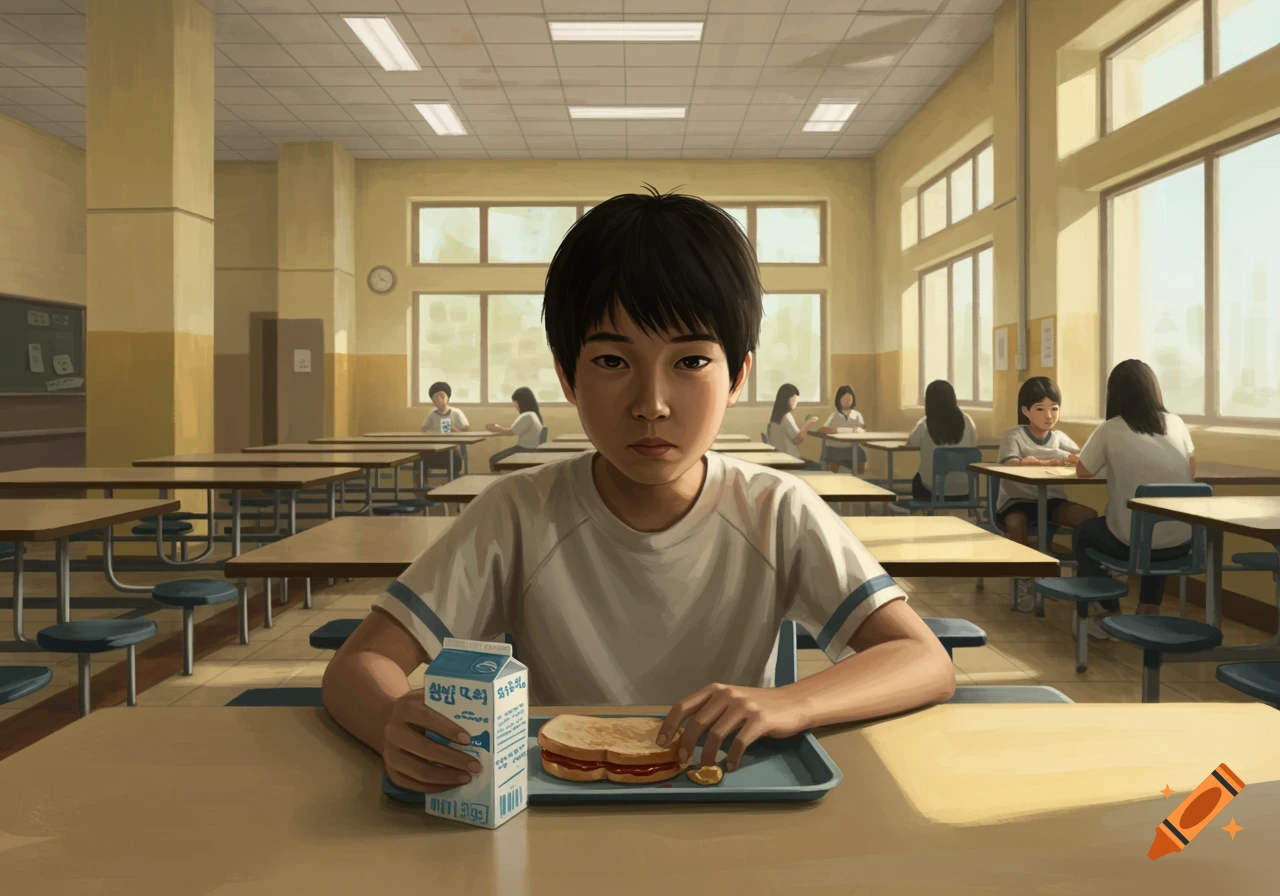 A young boy sits alone at a table in a school cafeteria with a sandwich and milk.