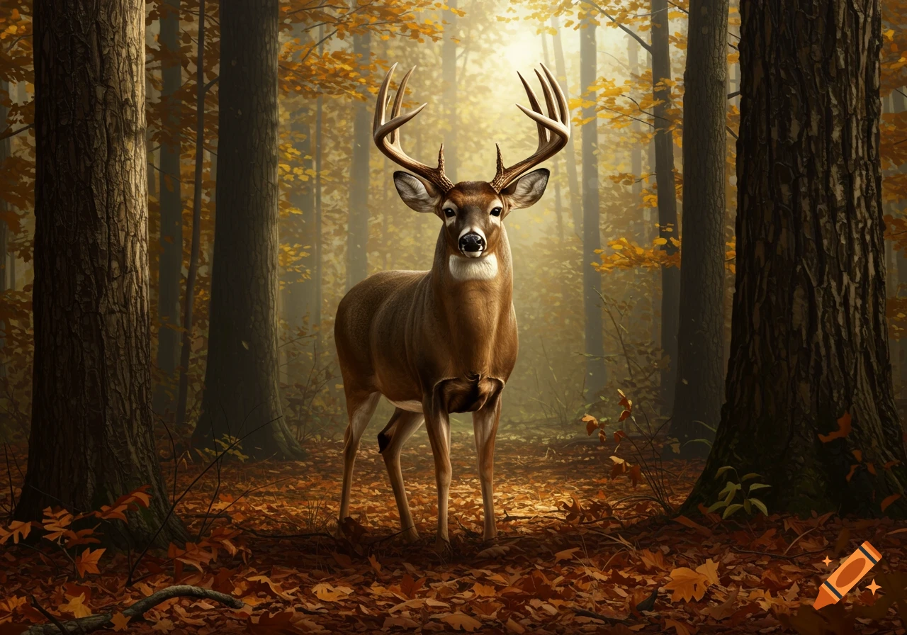 A realistic whitetail buck stands in an autumn forest looking at the camera.