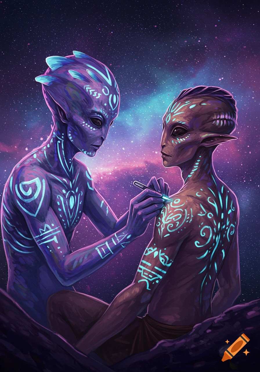A purple alien tattoos glowing patterns on another alien's shoulder against a vibrant space background.