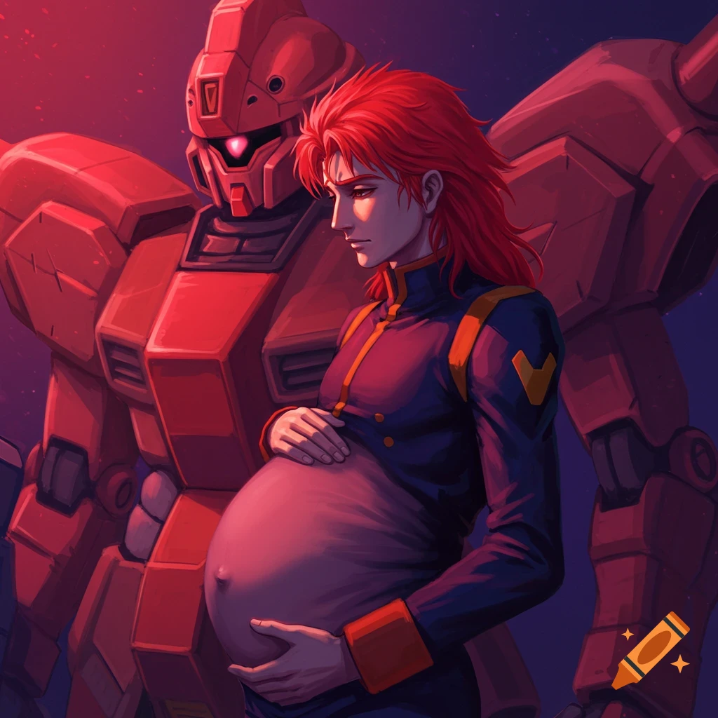 Anime illustration of a red-haired character in uniform holding their pregnant belly in front of a red mech.