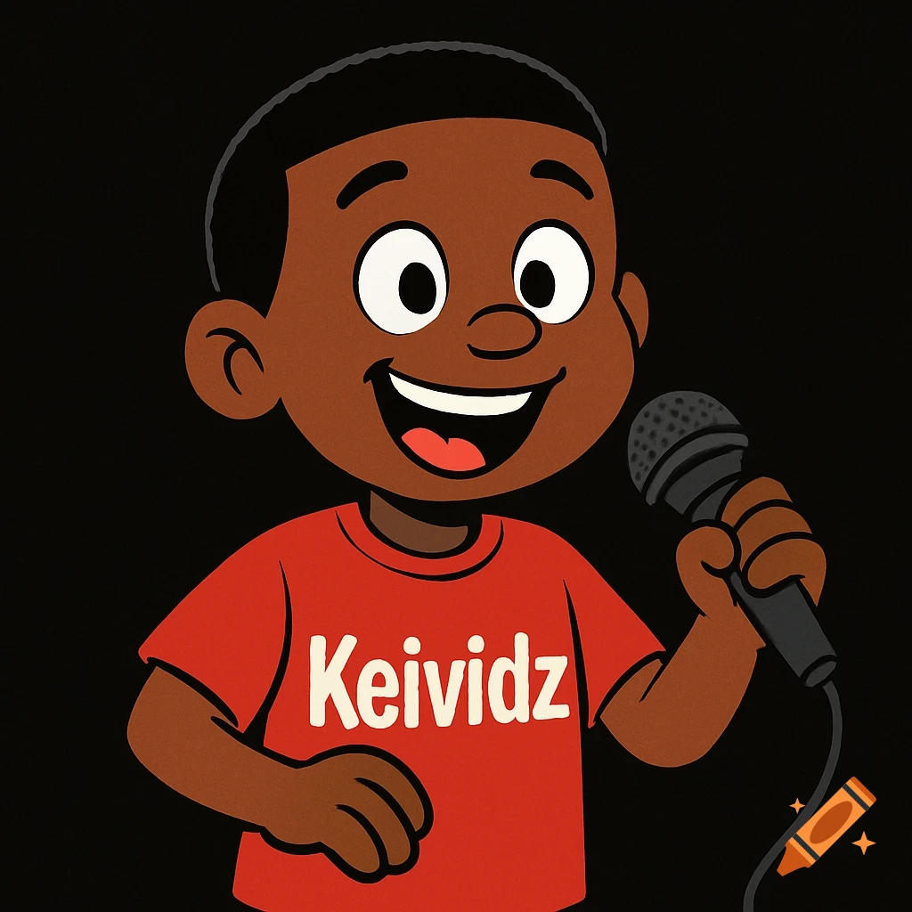 Cartoon boy wearing a red shirt with 'Keividz' holding a microphone.