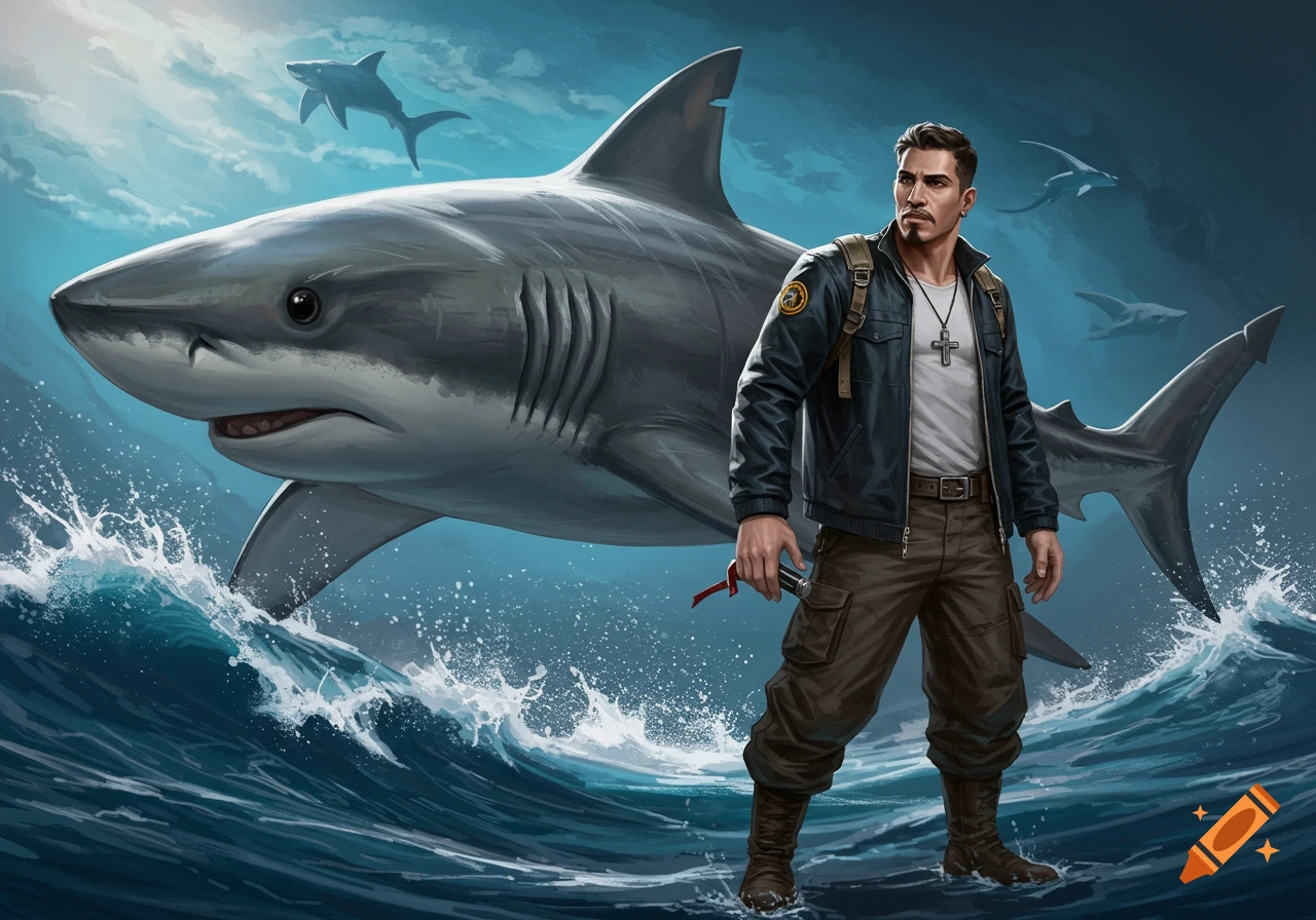 Illustration of a man standing in rough ocean water next to a large great white shark.